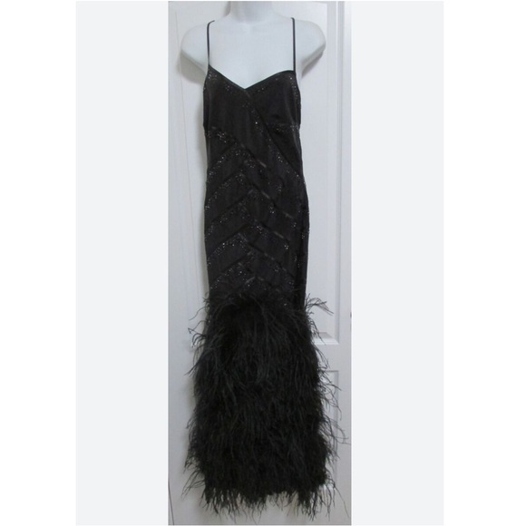 BEBE Beaded Feather Black Long Evening Dress - Picture 1 of 10